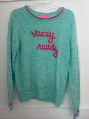 Lilly Pulitzer Mint Green Crewneck Sweater with Pink Script Vacay Ready